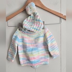Handmade Knitted Baby Sweater with Hood, Back Zipper -Size 0-3M